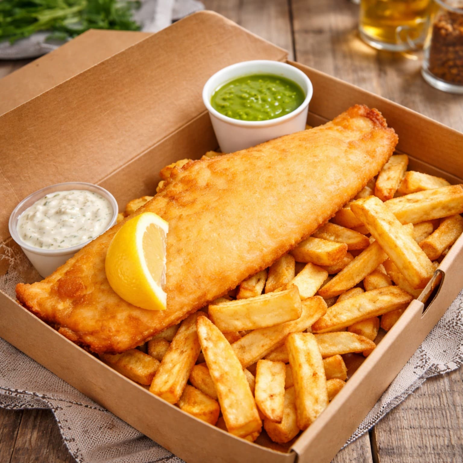 Fish and chips served with mushy peas and sauce